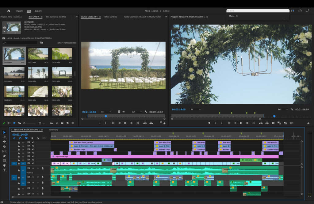 Process of editing a wedding video in Premiere Pro