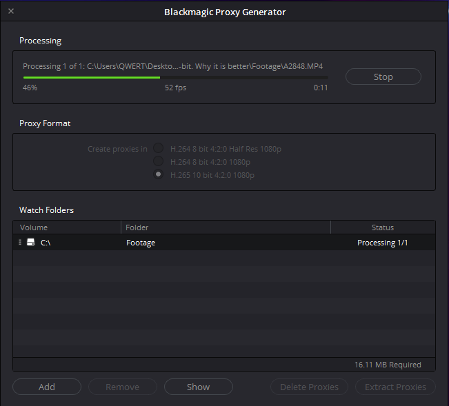 Blackmagic Proxy Generator Processing