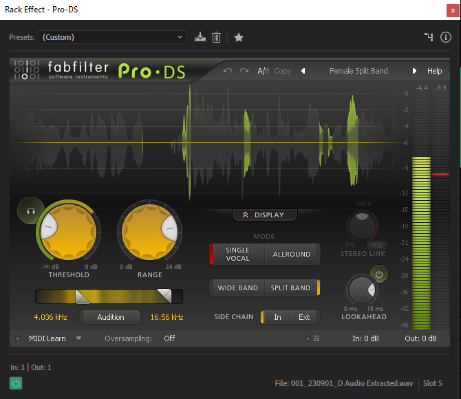 De-essing with the FabFilter Pro-DS plugin