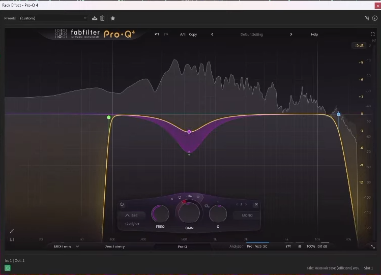 Pro-Q4 equalizer showing high-pass and low-pass filters with mid-frequency cut for wedding video audio